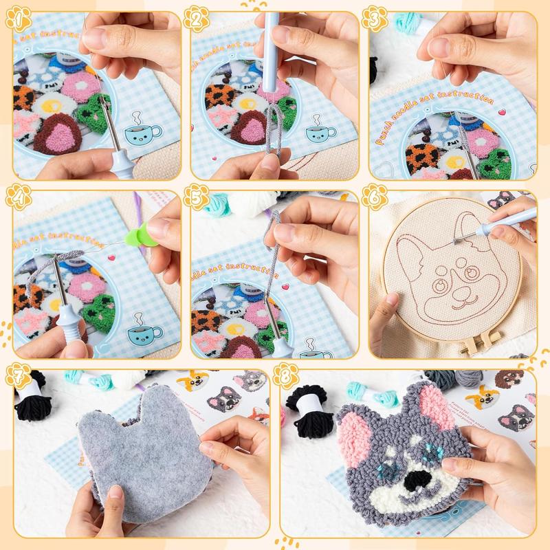 Puppy Punch Needle Coaster Craft Kit - 6 Dog Patterns for DIY Embroidery, Felt Coasters for Beginners with Tools, Adhesive Yarns, and Instructions