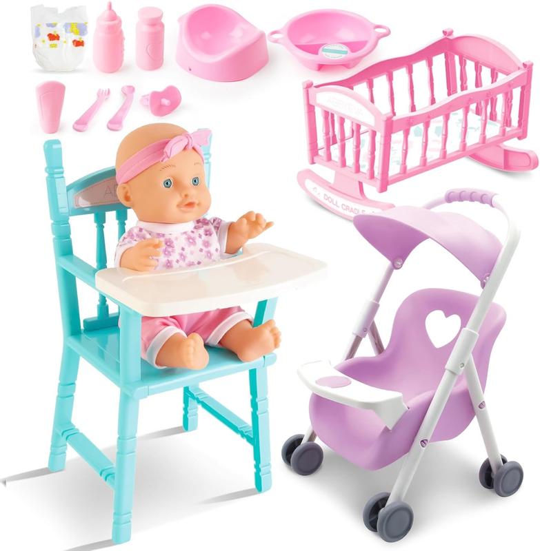 deAO Baby Doll Set Play Set with Doll Crib,Doll High Chair Stroller,12PCS Baby Doll Accessories,Great Pretend Play Gift Doll Toys for 3+ Years Old Kids Girls Boys