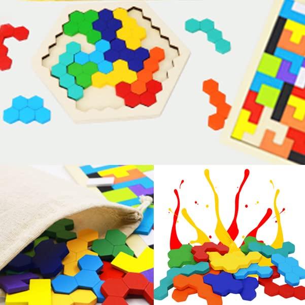 2 Pack Wooden Russian Blocks Puzzle + Hexagon Puzzles for Kids & Adults, Wooden Block Puzzle Intelligence Brain Teasers Toy Logic Game