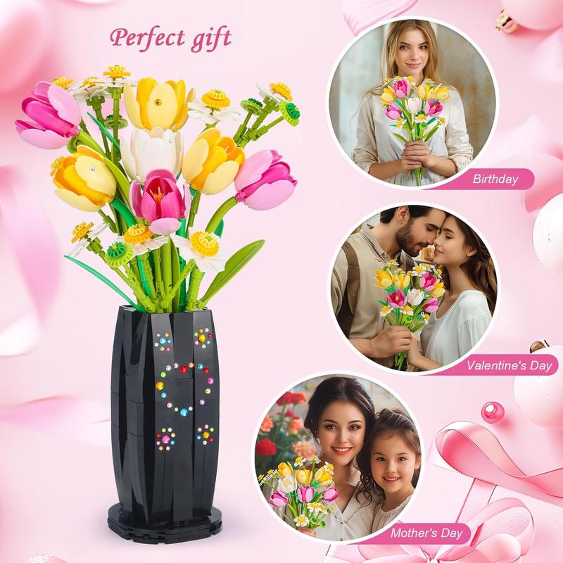 Flower Bouquet Building Set, 1250 count Creative DIY  Bouquet Decoration, Tulips Daisies Artificial  with Vase for Girls Women Adults 6+, Idea Gifts for Valentines Birthdays Mother's Day