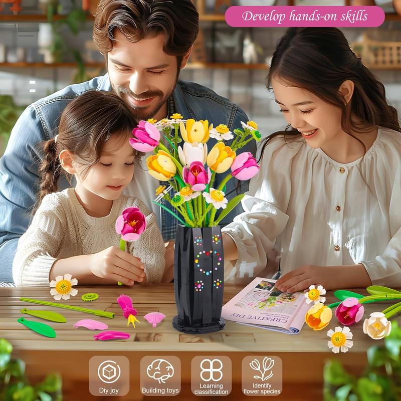 Flower Bouquet Building Set, 1250 count Creative DIY  Bouquet Decoration, Tulips Daisies Artificial  with Vase for Girls Women Adults 6+, Idea Gifts for Valentines Birthdays Mother's Day