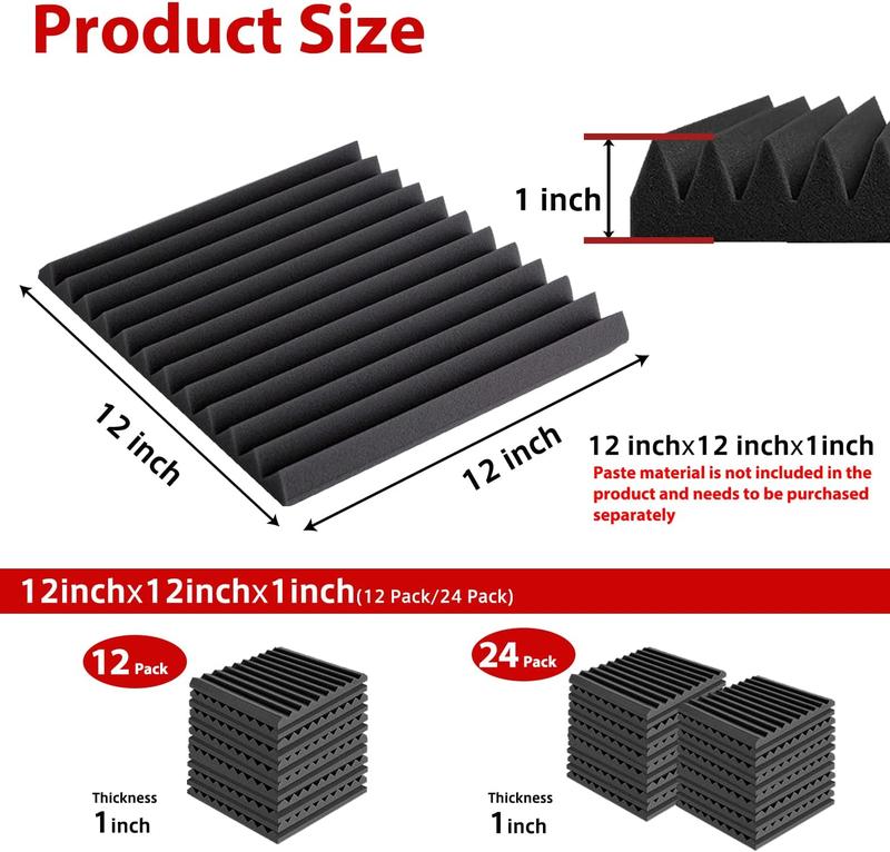 12 Pack 12 x 12 x 1 Inches Acoustic Foam Panels, Sound Proof Foam Panels Black, High Density Fire Resistant Acoustic Panels for Studio Wall Ceiling