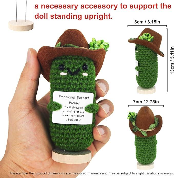 Mini Cute Funny Positive Cucumber with Stand, Knitted Wool Crochet Decor Support Pickle Birthday Gifts for Women Friend Coworker Girls Unique Holiday Encourage Support Pickle Gifts Party Cowboy Hat