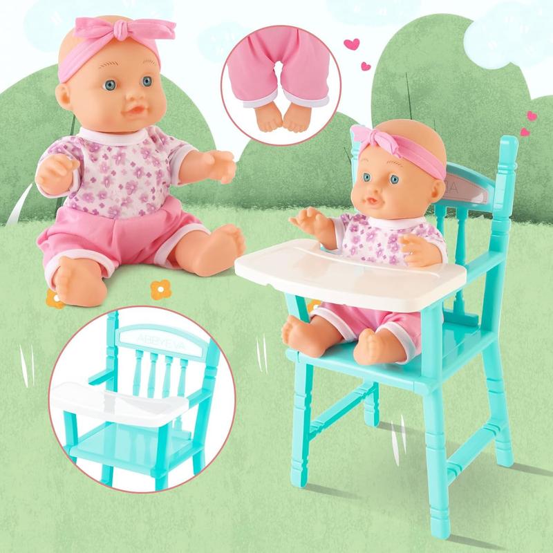 deAO Baby Doll Set Play Set with Doll Crib,Doll High Chair Stroller,12PCS Baby Doll Accessories,Great Pretend Play Gift Doll Toys for 3+ Years Old Kids Girls Boys