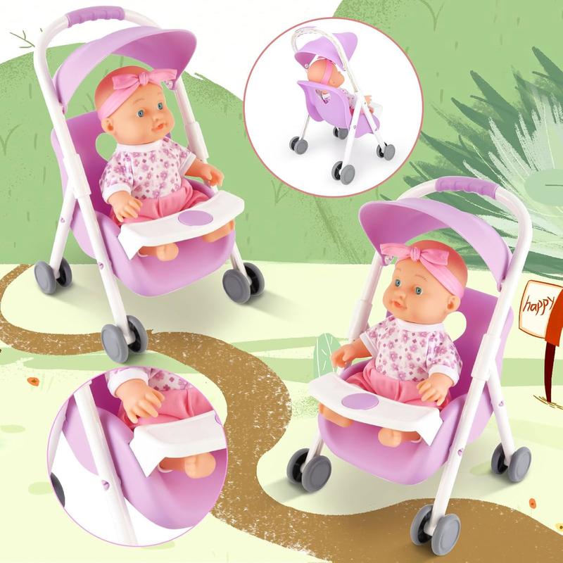 deAO Baby Doll Set Play Set with Doll Crib,Doll High Chair Stroller,12PCS Baby Doll Accessories,Great Pretend Play Gift Doll Toys for 3+ Years Old Kids Girls Boys