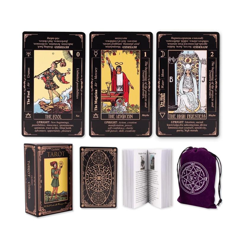 Tarot Cards for Beginners, Classic Tarot Cards with Meanings on Them, Durable Tarot Cards with Guide Book for Beginners (Black)