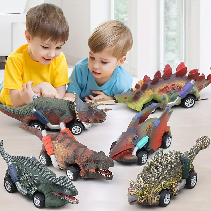 6-Pack Interactive Dinosaur Pull-Back Toy Cars Set, Non-Battery ABS Plastic Manual Vehicle Playset for Ages 3-6, Ideal Halloween Christmas Gift