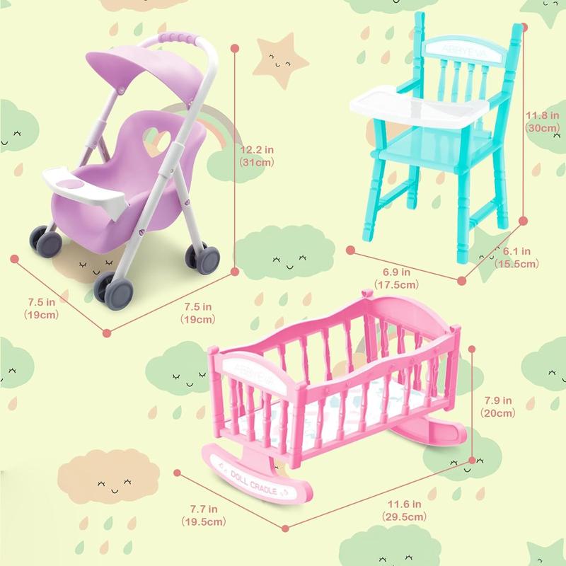 deAO Baby Doll Set Play Set with Doll Crib,Doll High Chair Stroller,12PCS Baby Doll Accessories,Great Pretend Play Gift Doll Toys for 3+ Years Old Kids Girls Boys