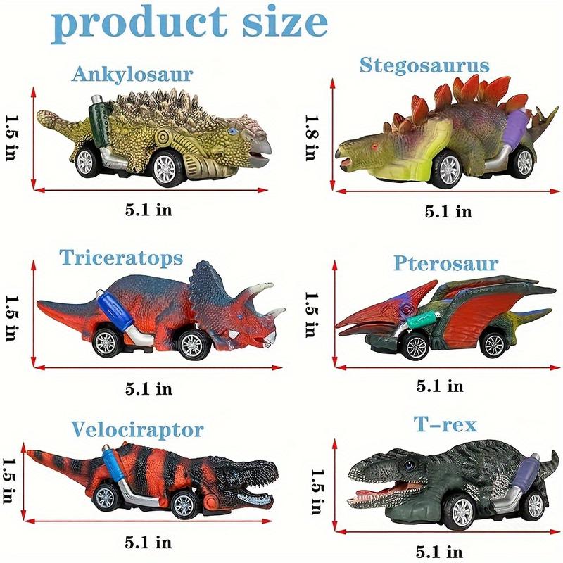 6-Pack Interactive Dinosaur Pull-Back Toy Cars Set, Non-Battery ABS Plastic Manual Vehicle Playset for Ages 3-6, Ideal Halloween Christmas Gift