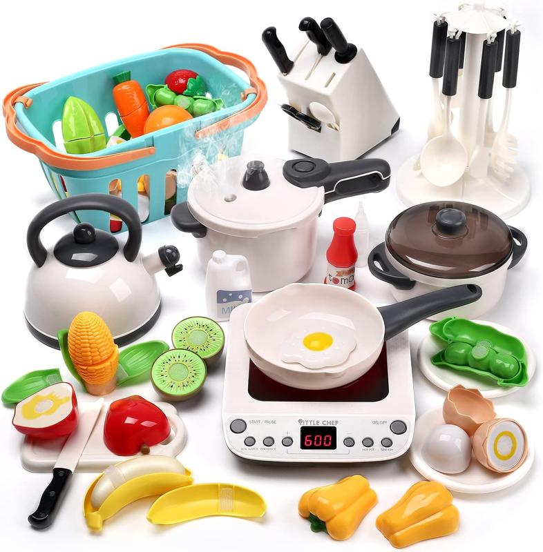 CUTE STONE Pretend Play Kitchen Toy with Cookware Steam Pressure Pot and Electronic Induction Cooktop, Cooking Utensils, Toy Cutlery, Cut Play Food, Shopping Basket Learning Gift for All ages play kitchen kitchentools