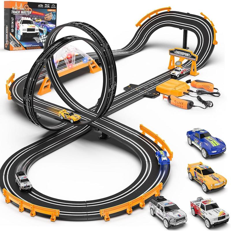 Slot Car Race Track Sets with 4 Slot Cars, Electric Race Car Track Include Slope Circular Overpass Track, Dual Racing Game Featuring Flash Bridge and Pendulum, Gifts Toys for Boys Kids Age 6 7 8-12