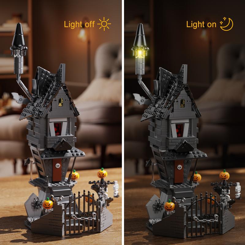 (568 pcs) Thrilling Halloween Haunted Mansion House Building Blocks Set with Glowing LED Lighting, Ideal Christmas & Halloween Gifts for Fans and Kids