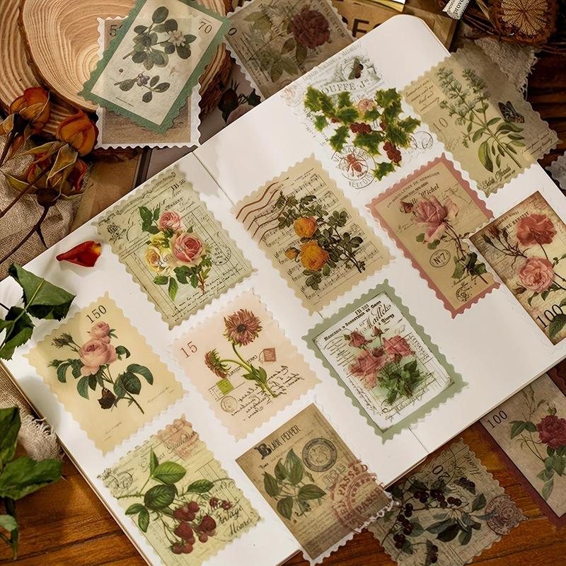 Vintage Postage Stamp Design Sticker, 4 Sets 240pcs Mixed Pattern Self Adhesive Decorative Sticker for DIY Gift Greeting Card Scrapbooking, Journaling