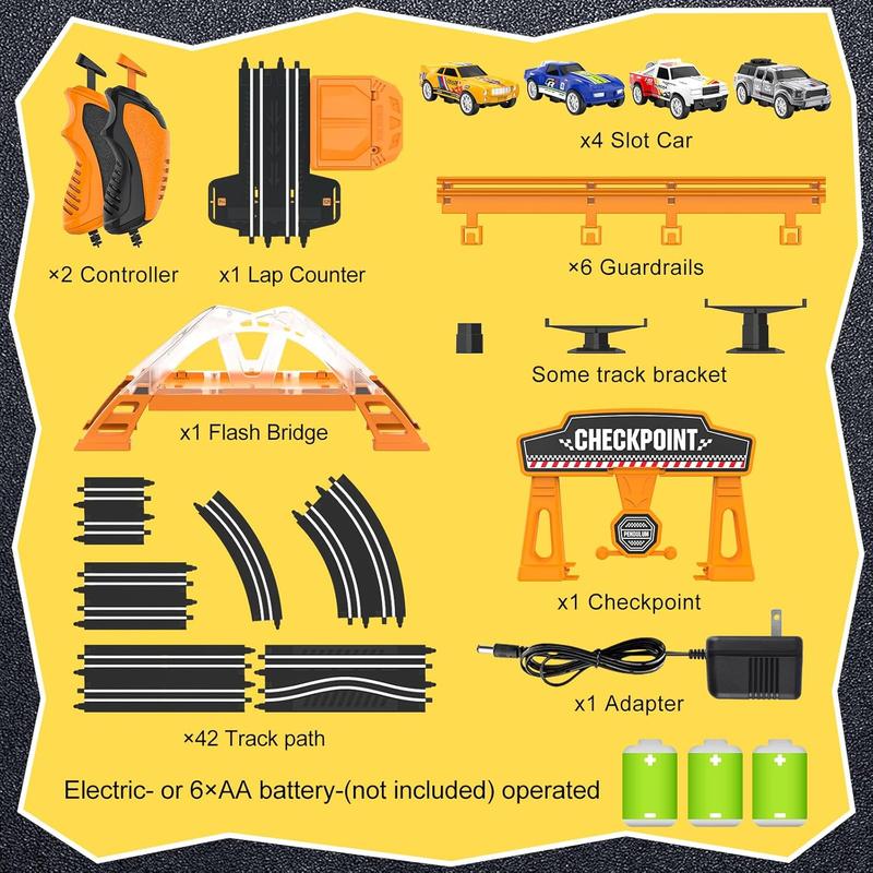 Slot Car Race Track Sets with 4 Slot Cars, Electric Race Car Track Include Slope Circular Overpass Track, Dual Racing Game Featuring Flash Bridge and Pendulum, Gifts Toys for Boys Kids Age 6 7 8-12