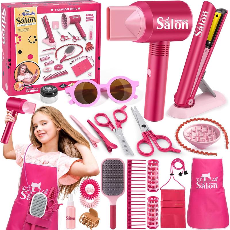 Christmas Hair Salon Toys Kids Pretend Play Hair Styling Kit with Realistic Blow Dryer Straightener Stylist Apron Scissors Accessories Beauty Makeup Set Birthday Gifts for Toddler Girls 3 4 5 6+