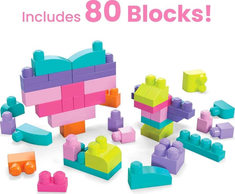 Christmas gift for kids First Builders Toddler Blocks Toys Set - 80 Pieces and Storage Bag - Pink - Ages 1+ Years