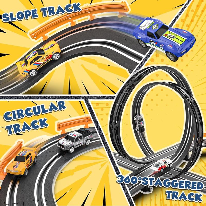 Slot Car Race Track Sets with 4 Slot Cars, Electric Race Car Track Include Slope Circular Overpass Track, Dual Racing Game Featuring Flash Bridge and Pendulum, Gifts Toys for Boys Kids Age 6 7 8-12