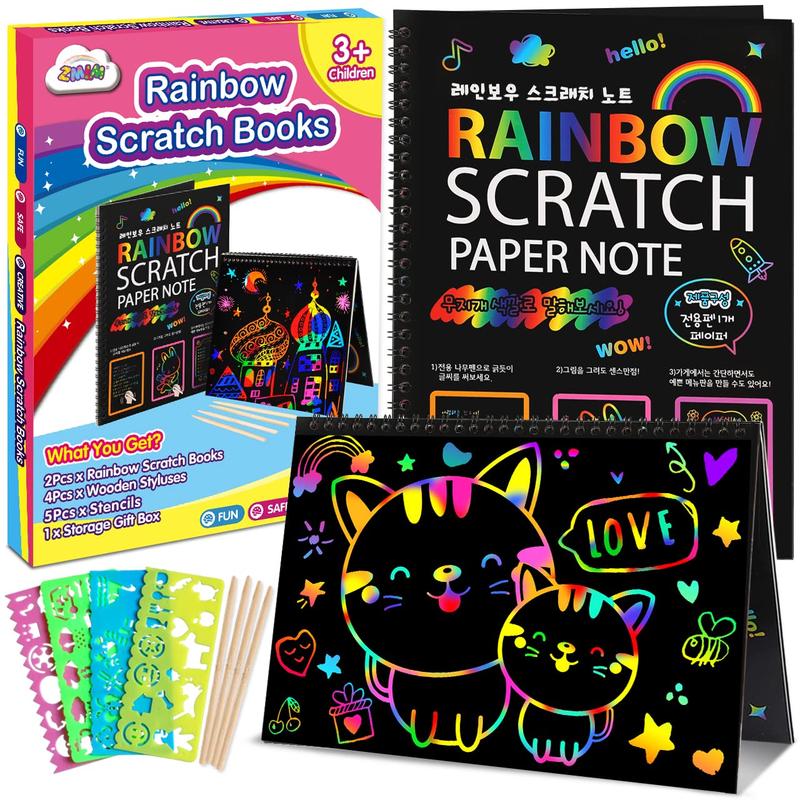 Scratch Paper Art-Crafts Gift: 2 Pack Bulk Rainbow Magic Paper Supplies Toys for 4 5 6 7 8 9 10 Years Old Girls Kids Favors Gifts for Birthday Halloween Christmas Party Games Projects Kits