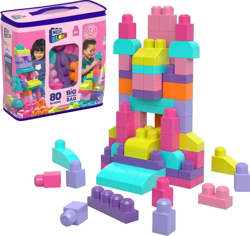 Christmas gift for kids First Builders Toddler Blocks Toys Set - 80 Pieces and Storage Bag - Pink - Ages 1+ Years