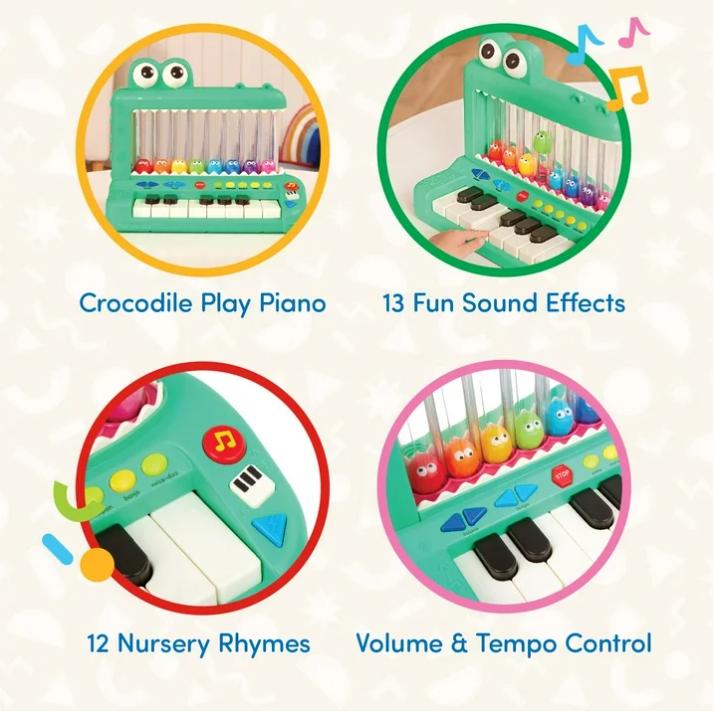 Battat Croco Pop Piano Toy Keyboard with Songs Sounds Lights, Baby and Toddler Toys