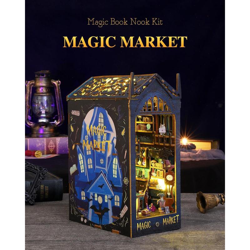 Magic Book Nook Kit, DIY Booknooks Kit for Adults Teens, Bookshelf Diorama Miniature House Kit Scenes Insert Decor with Sensor Light, 3D Wooden Puzzle Gifts for Boys Girls (Magic Market)