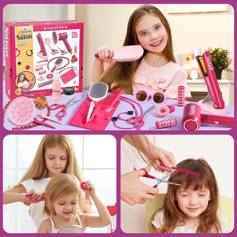 Christmas Hair Salon Toys Kids Pretend Play Hair Styling Kit with Realistic Blow Dryer Straightener Stylist Apron Scissors Accessories Beauty Makeup Set Birthday Gifts for Toddler Girls 3 4 5 6+