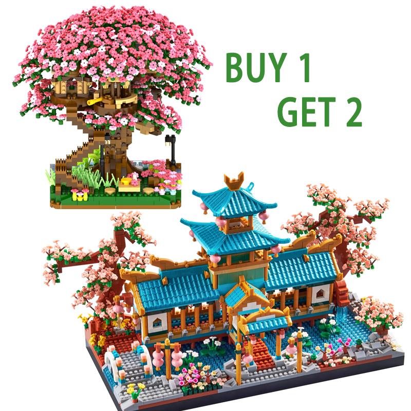 Buy 1 GET 2 Collection Micro Blocks Modle Building Sets The Classical Gardens of Suzhou Sakura Tree House 2set  build block structures High school girl Toy model Birthday fete day