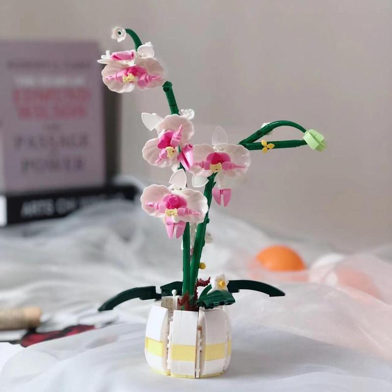 Creative Potted Orchid Design Building Block Toy, 1 Set Mini Ornament For Home Decoration