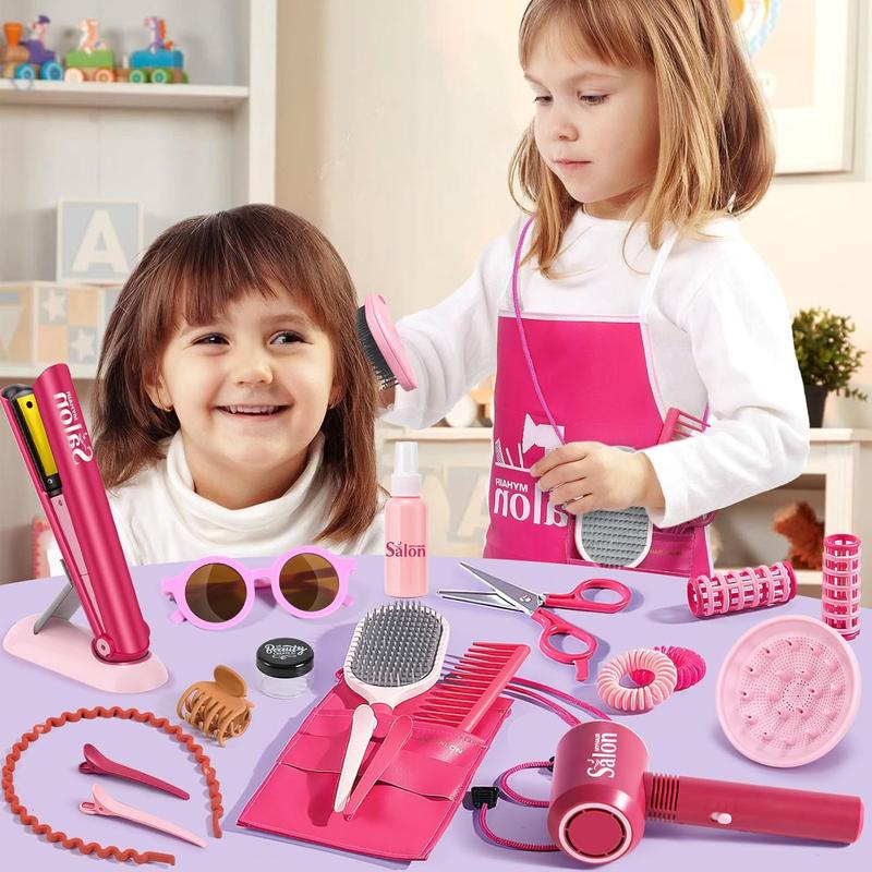 Christmas Hair Salon Toys Kids Pretend Play Hair Styling Kit with Realistic Blow Dryer Straightener Stylist Apron Scissors Accessories Beauty Makeup Set Birthday Gifts for Toddler Girls 3 4 5 6+