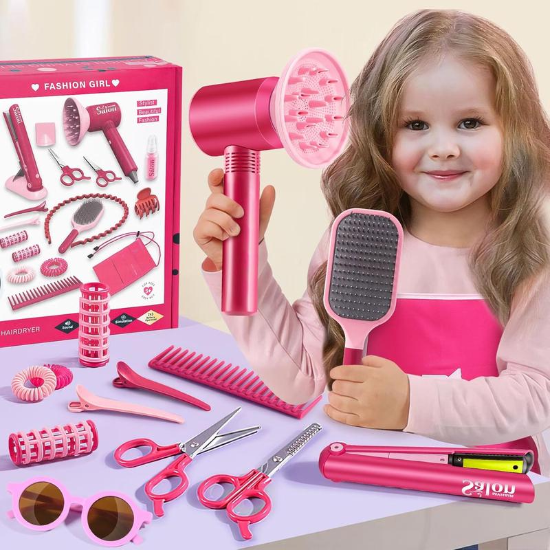 Christmas Hair Salon Toys Kids Pretend Play Hair Styling Kit with Realistic Blow Dryer Straightener Stylist Apron Scissors Accessories Beauty Makeup Set Birthday Gifts for Toddler Girls 3 4 5 6+