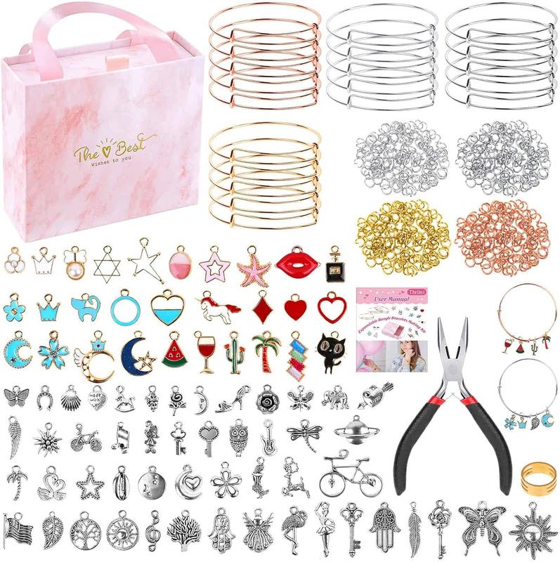 300 count Charm Bangle Bracelets Making Kit with Expandable Bangles, Charms, Jump Rings and Pliers for  Making Bangle Bracelets (with Gift Box and Tools)