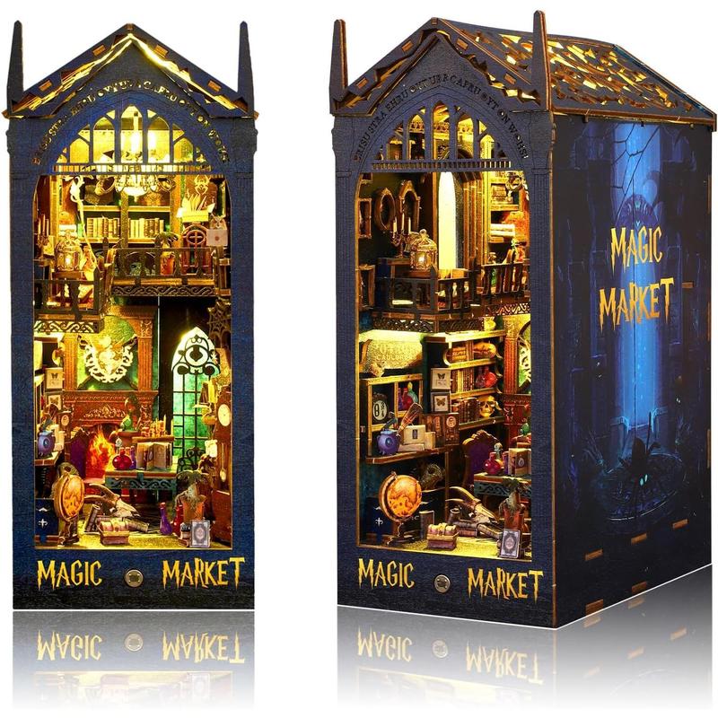 Magic Book Nook Kit, DIY Booknooks Kit for Adults Teens, Bookshelf Diorama Miniature House Kit Scenes Insert Decor with Sensor Light, 3D Wooden Puzzle Gifts for Boys Girls (Magic Market)