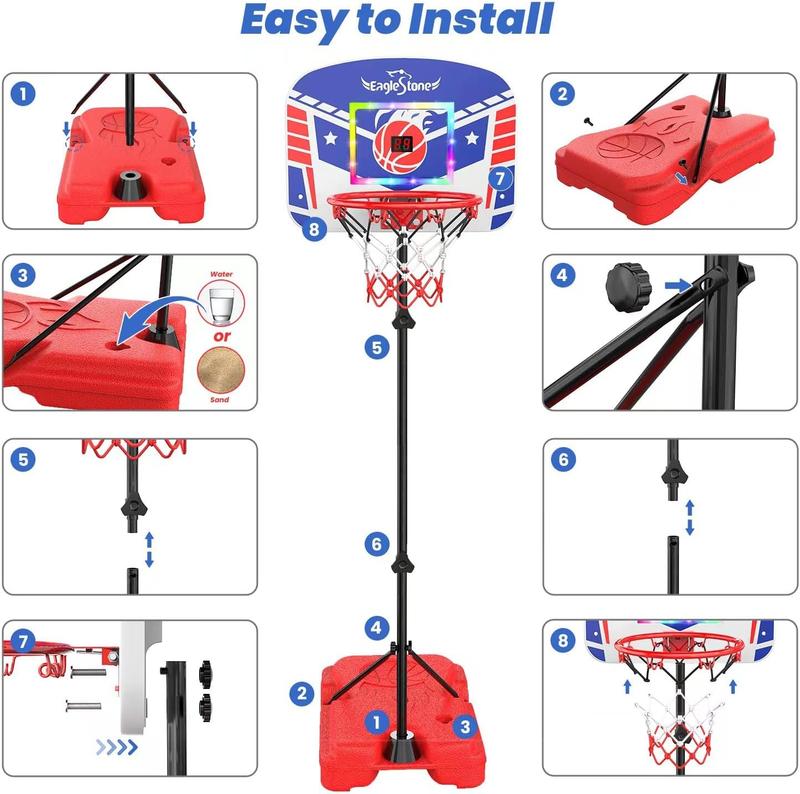 Eaglestone Basketball Hoop Indoor with LED Lights & Scoreboard,Basketball Hoop Adjustable Height 2.9ft-6ft, Mini Hoop Outdoor with 3 Balls,Basketball Toy Gifts