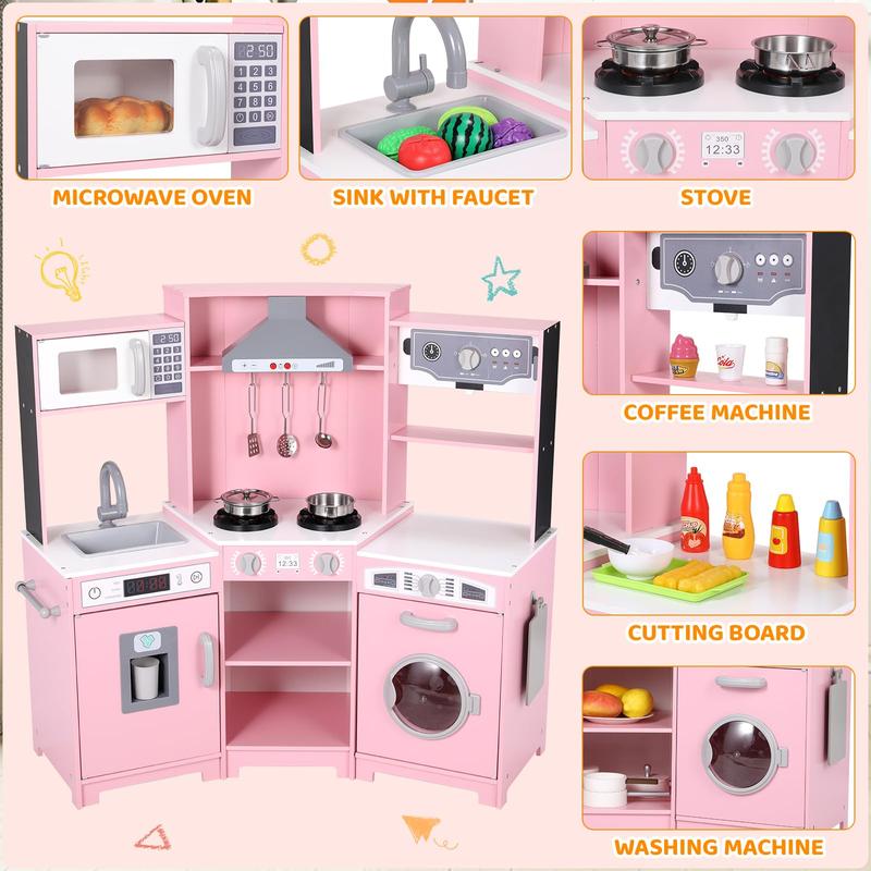 Wooden Pretend Corner Play Kitchen for Kids, Large Toodler Cooking Playset w Washer, Range Hood w Light & Sound, Stove, Ice Maker, Cutting Board, Coffee Maker, Sink