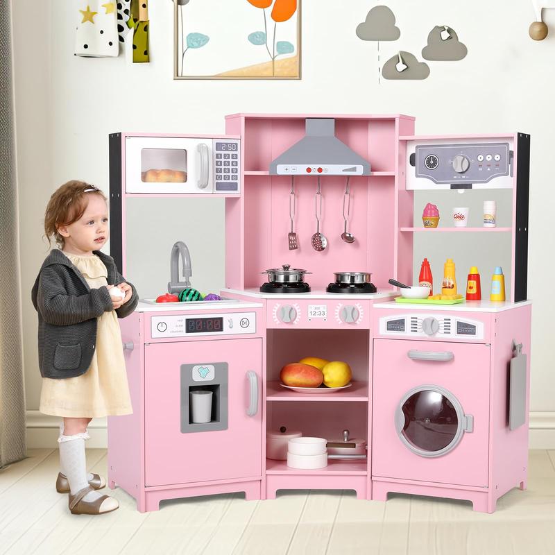 Wooden Pretend Corner Play Kitchen for Kids, Large Toodler Cooking Playset w Washer, Range Hood w Light & Sound, Stove, Ice Maker, Cutting Board, Coffee Maker, Sink