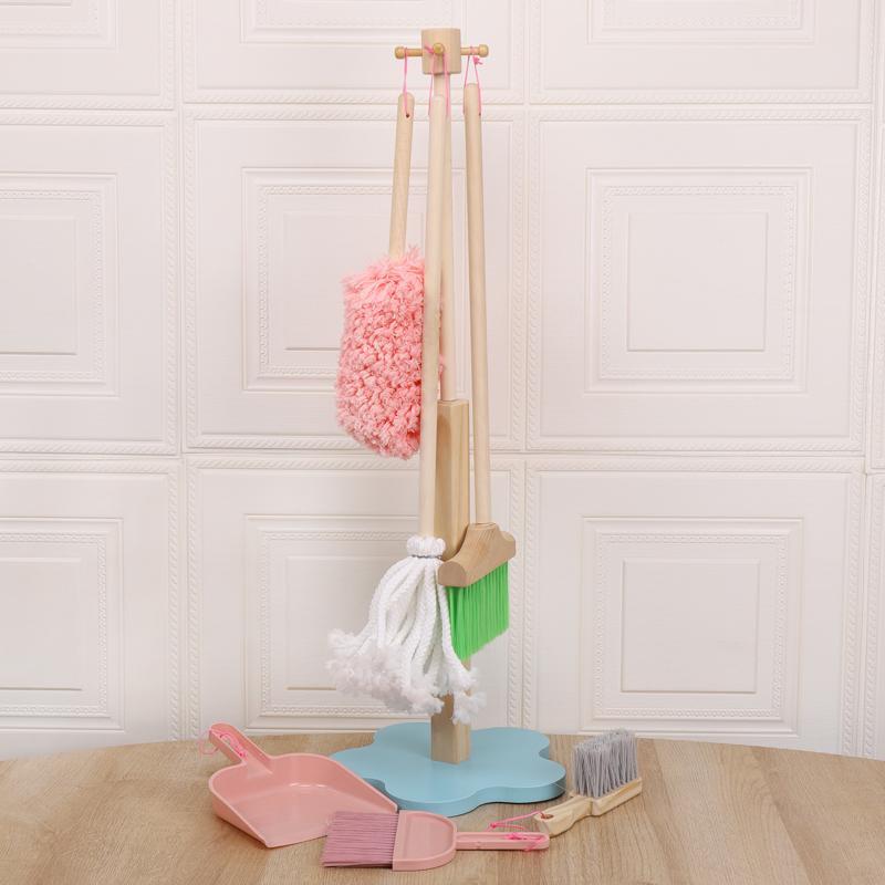 Wooden Cleaning Set, 1 Box Pretend Play Cleaning Tool, Including Broom, Mop, Duster, Brush, Dustpan, Organizing Rack, Household Toy