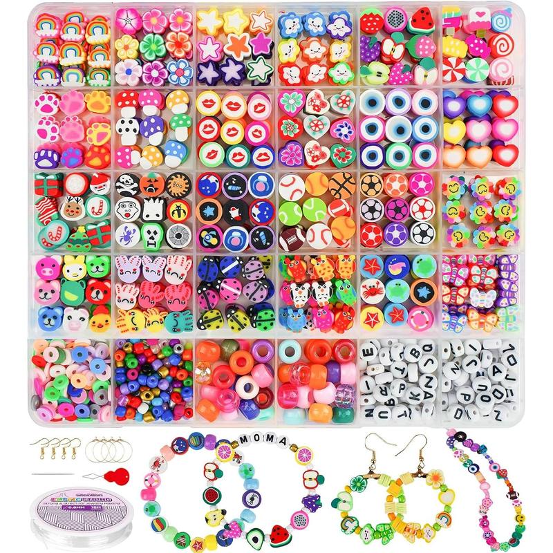 1000PCS Polymer Clay Beads Bracelet Making kit, 30 Style Cute Fun Fruit Flower Rainbow Butterfly Animal Heart Star Beads Charms for Jewelry Necklace Making Christmas Gift for