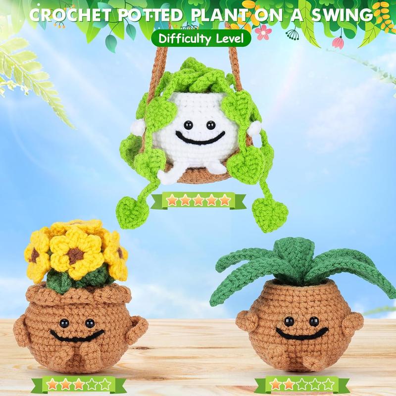 Crochet Kit for Beginners - 3 count Potted Plants Crochet Kit with Step-by-Step Video Tutorials, Beginner Crochet Kit for Adults Kids, Potted Plant with Swing Crocheting Set