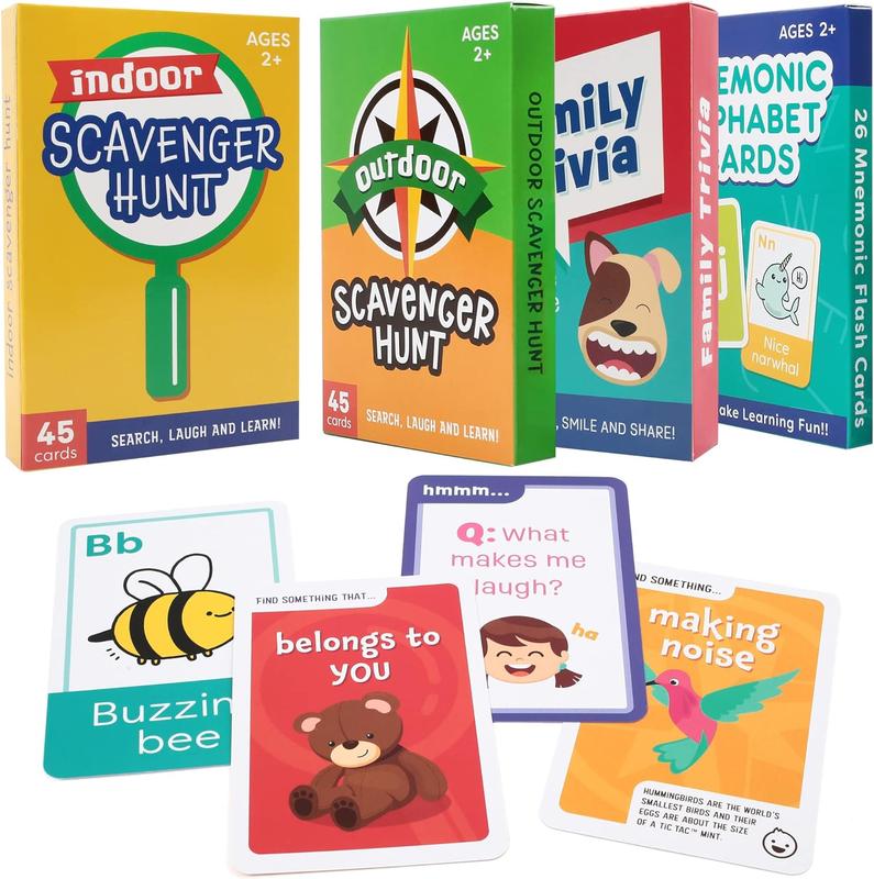 LotFancy Card Games for Family Game Night, 4 in 1 Pack, Scavenger Hunt Games for Kids, Indoor Outdoor Activities, Family Trivia, Educational Game, Jumbo Size, Gifts for Ages 2-6