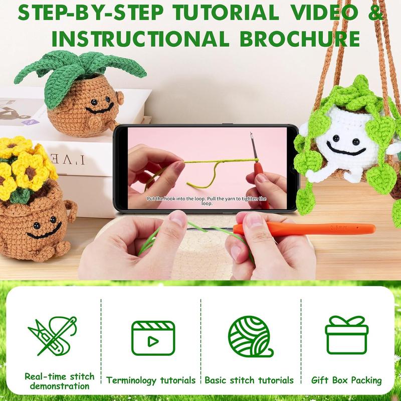 Crochet Kit for Beginners - 3 count Potted Plants Crochet Kit with Step-by-Step Video Tutorials, Beginner Crochet Kit for Adults Kids, Potted Plant with Swing Crocheting Set