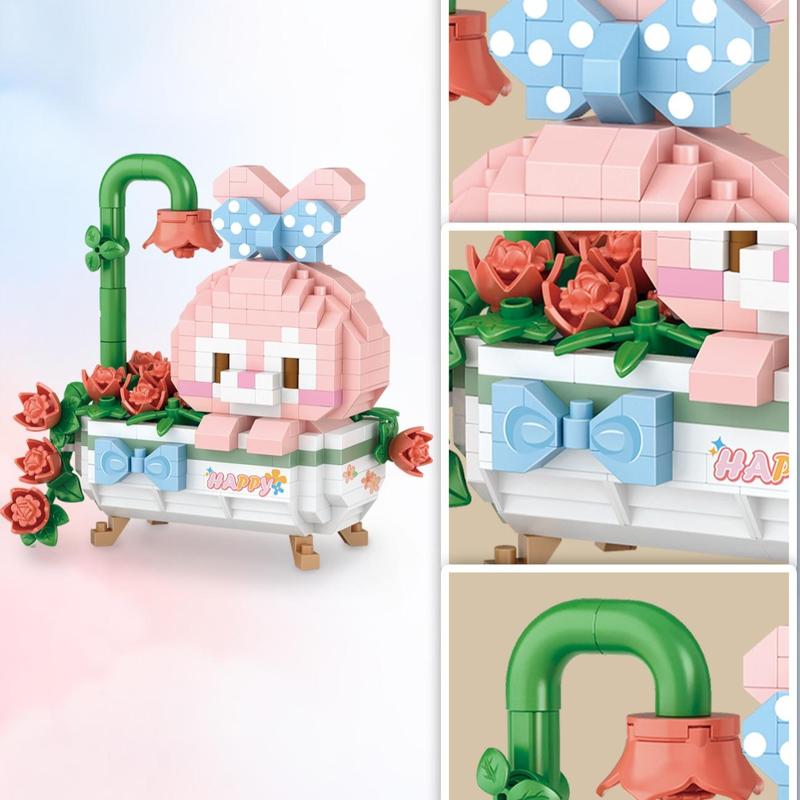 1 Set Cute Cartoon Rabbit Bathroom Building Block Toy, Creative Flower Rose Bathroom Mini Building Block Toy For Birthday Gift Home Decoration