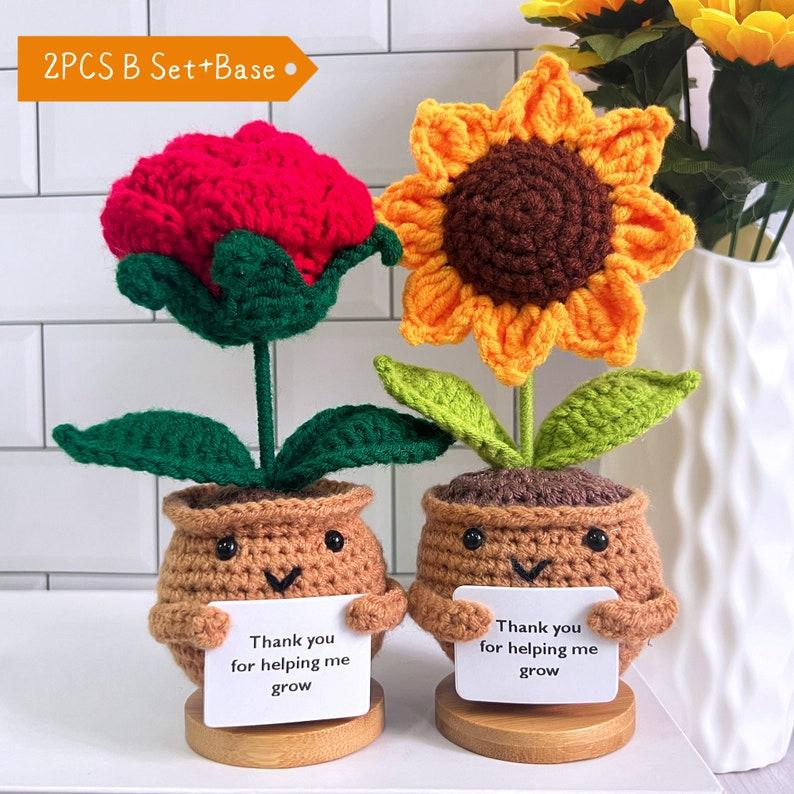 Cute 3PCS Plants,Thank You For Helping Me Grow,Crochet Sunflowers Hearts Rose Plants,Emotional Support Crochet,Thank You Gift,Teacher Gift