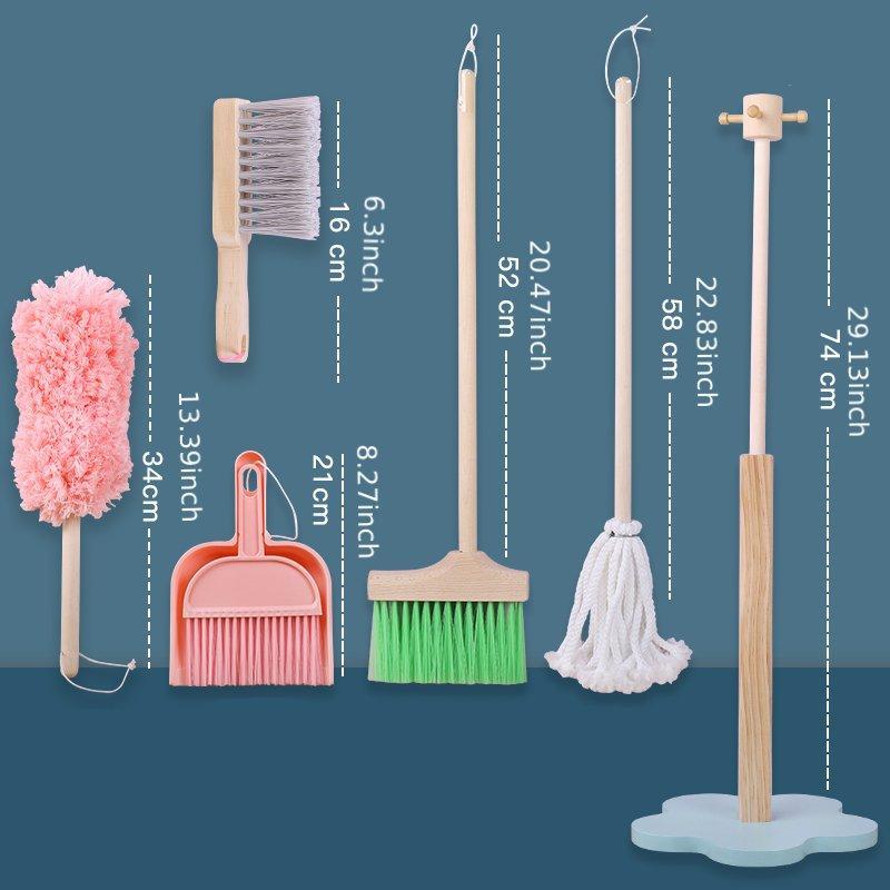 Wooden Cleaning Set, 1 Box Pretend Play Cleaning Tool, Including Broom, Mop, Duster, Brush, Dustpan, Organizing Rack, Household Toy