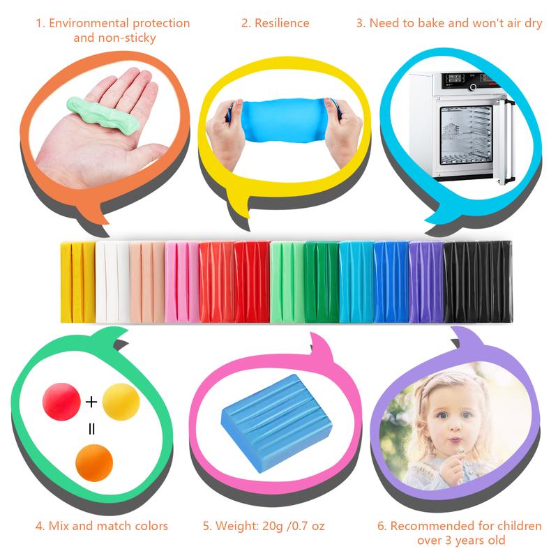 12 Colors Polymer Clay Starter Kit for Kids Beginners, DIY  Modeling Clay Set.  Oven Bake Clay