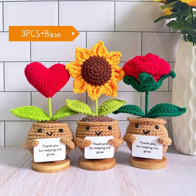 Cute 3PCS Plants,Thank You For Helping Me Grow,Crochet Sunflowers Hearts Rose Plants,Emotional Support Crochet,Thank You Gift,Teacher Gift