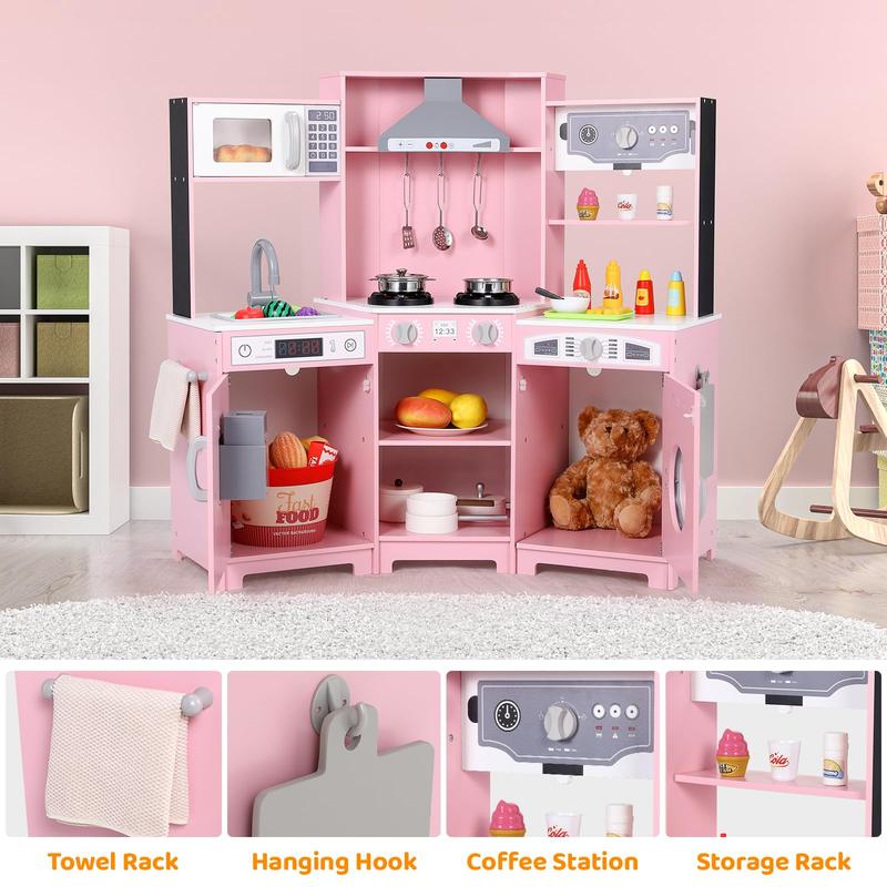 Wooden Pretend Corner Play Kitchen for Kids, Large Toodler Cooking Playset w Washer, Range Hood w Light & Sound, Stove, Ice Maker, Cutting Board, Coffee Maker, Sink