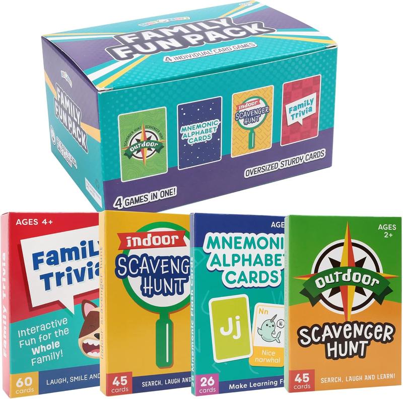 LotFancy Card Games for Family Game Night, 4 in 1 Pack, Scavenger Hunt Games for Kids, Indoor Outdoor Activities, Family Trivia, Educational Game, Jumbo Size, Gifts for Ages 2-6