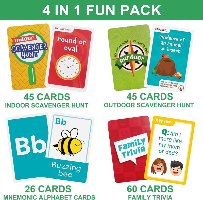 LotFancy Card Games for Family Game Night, 4 in 1 Pack, Scavenger Hunt Games for Kids, Indoor Outdoor Activities, Family Trivia, Educational Game, Jumbo Size, Gifts for Ages 2-6