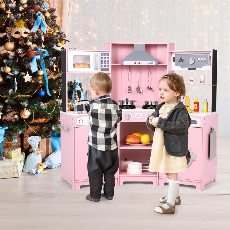 Wooden Pretend Corner Play Kitchen for Kids, Large Toodler Cooking Playset w Washer, Range Hood w Light & Sound, Stove, Ice Maker, Cutting Board, Coffee Maker, Sink