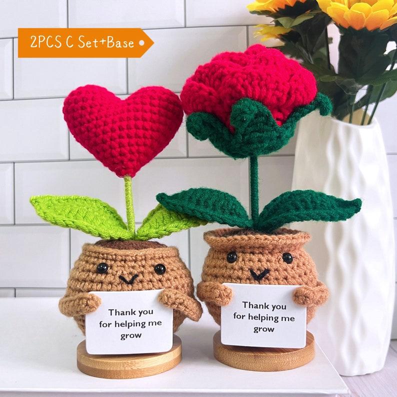 Cute 3PCS Plants,Thank You For Helping Me Grow,Crochet Sunflowers Hearts Rose Plants,Emotional Support Crochet,Thank You Gift,Teacher Gift